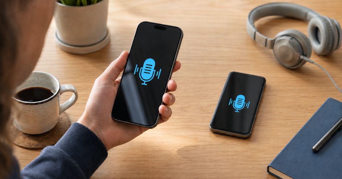 Person holding a replacement smartphone beside an older phone and headphones on a desk.