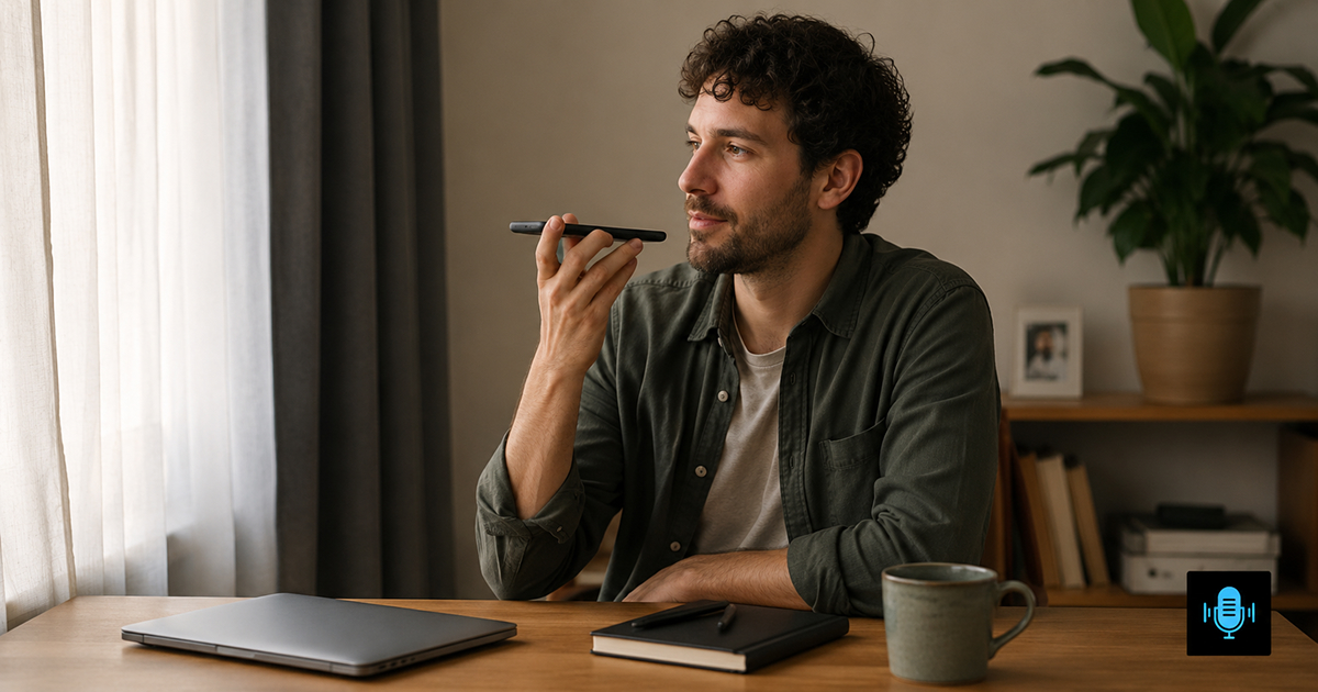Adult recording one brief thought into a smartphone beside a closed laptop in a calm room.
