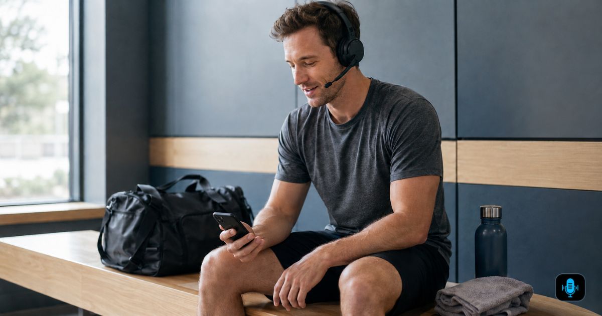 Person recording an after-workout voice reflection on a phone beside a gym bag and water bottle.