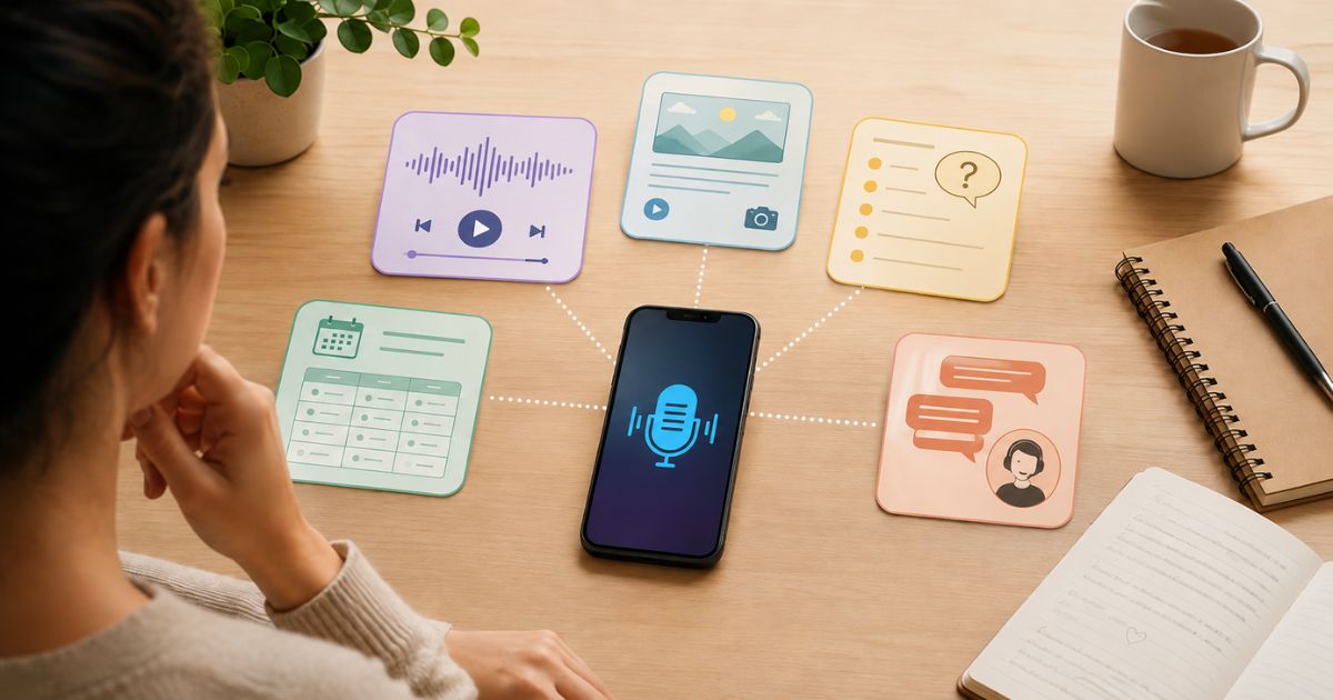 Person comparing five voice-journaling workflows represented by audio, multimedia, prompts, frameworks, and conversation.