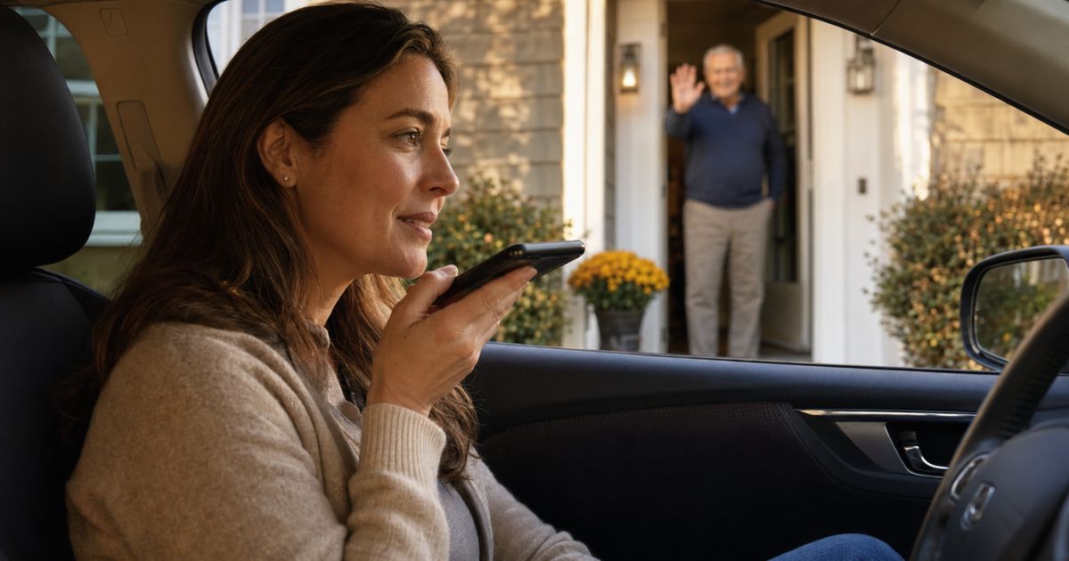A woman records a voice reflection in a parked car as her older father waves from the doorway behind her.