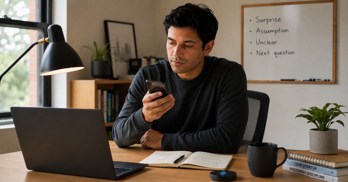 Startup founder recording a private post-call voice reflection after a customer interview, with no customer information visible.