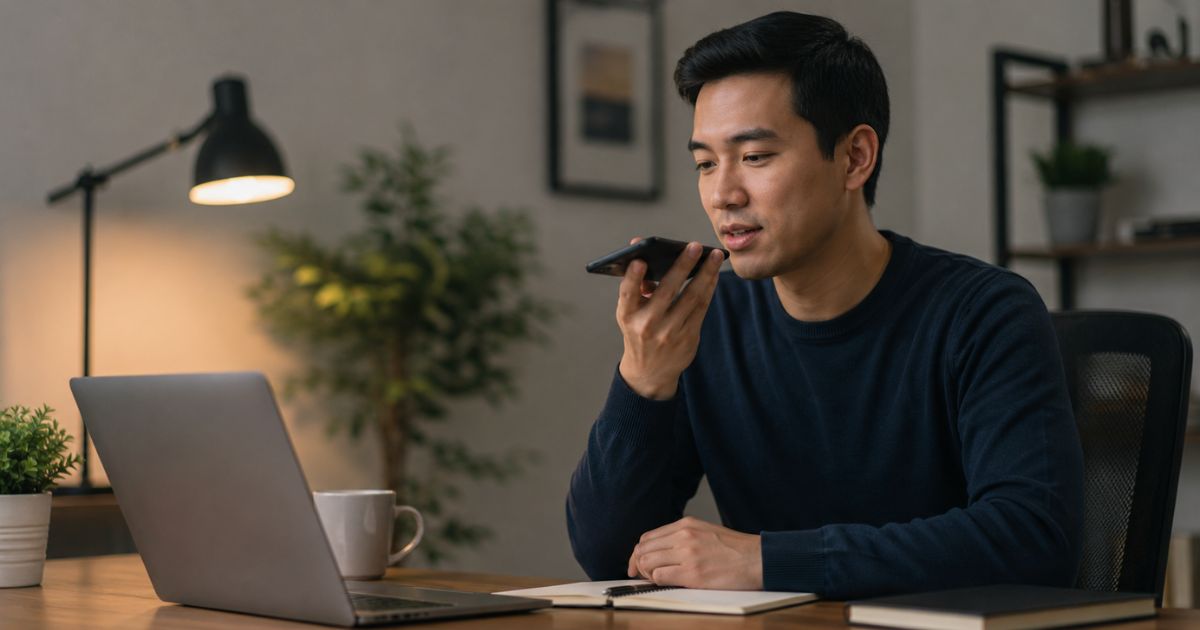 Developer recording a thoughtful post-bug voice reflection at a desk beside a laptop with no readable technical information visible.