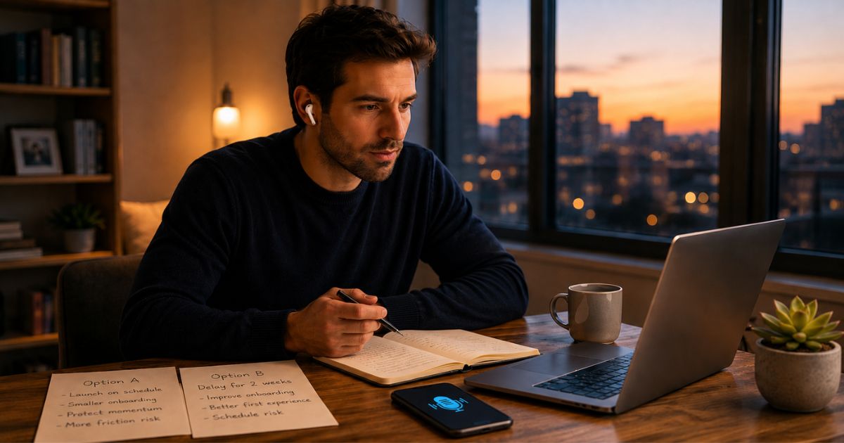 Founder recording a voice reflection beside a laptop and two planning notes while considering a mobile app launch decision.