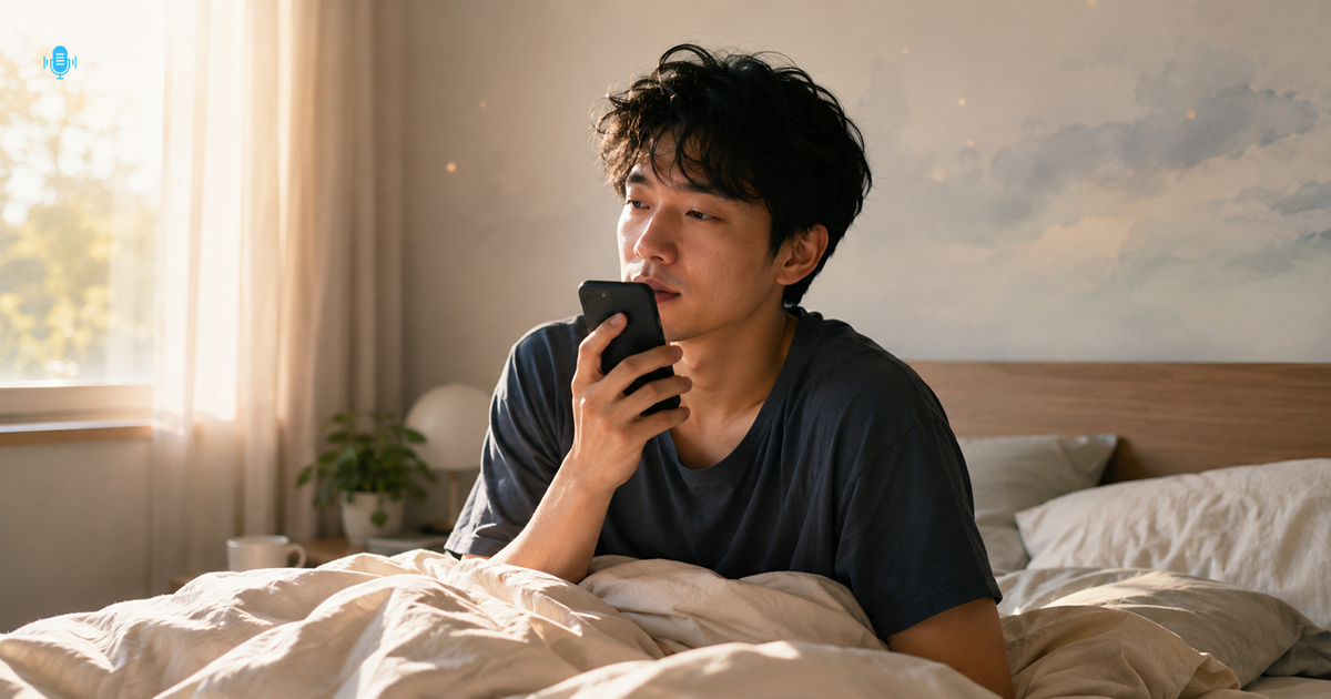Person recording a brief dream memory into a smartphone while sitting in bed in soft early-morning light.