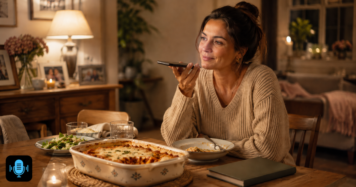 Adult recording a voice reflection beside a family dish, a closed recipe notebook, and simple tableware.
