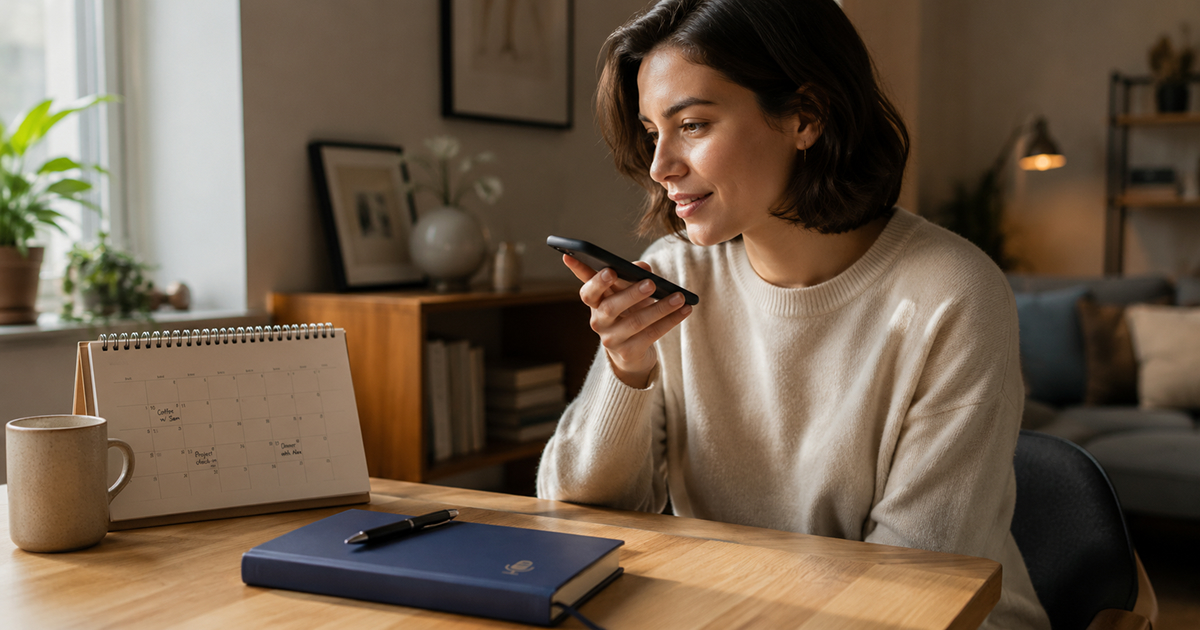 A person making a brief voice journal entry at home while an open calendar rests nearby without highlighted streaks.