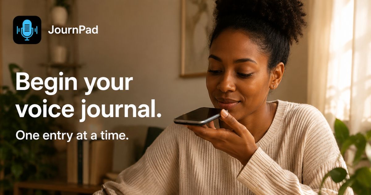 Person beginning a voice journal with five related audio entries representing daily events, observations, decisions, goals, and later review.