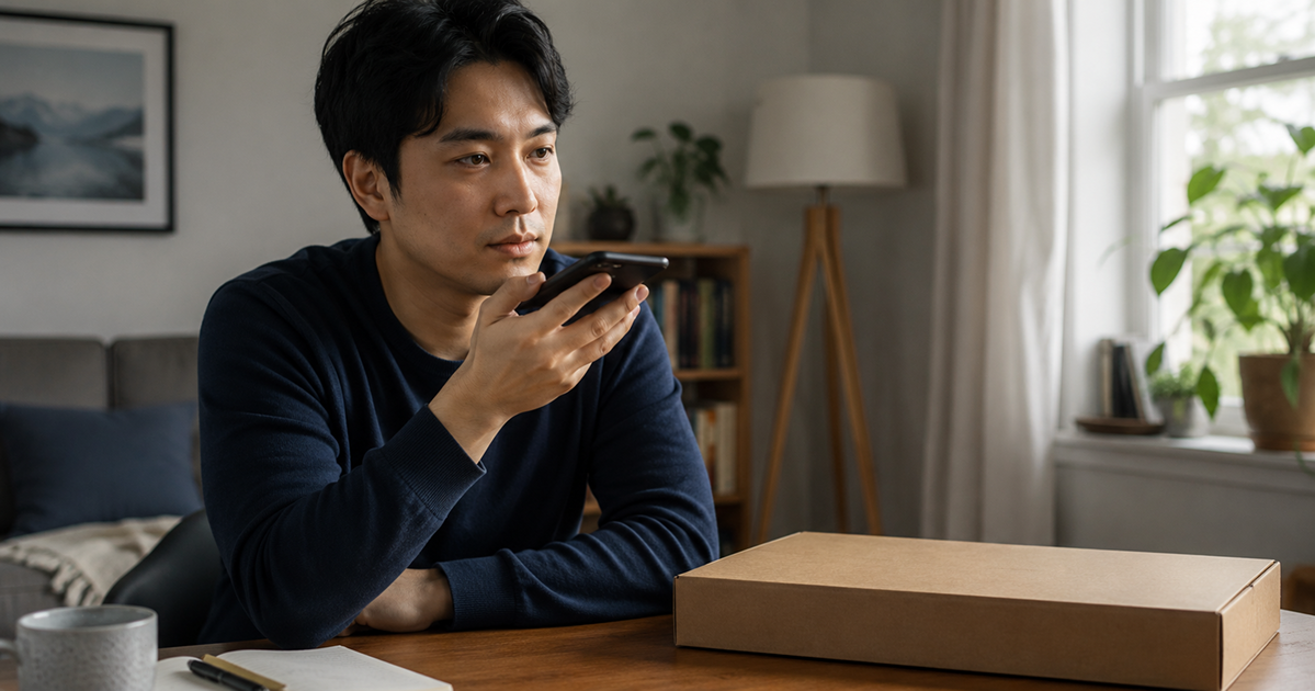 Adult recording a voice reflection into a smartphone beside a plain closed laptop box in a calm room.