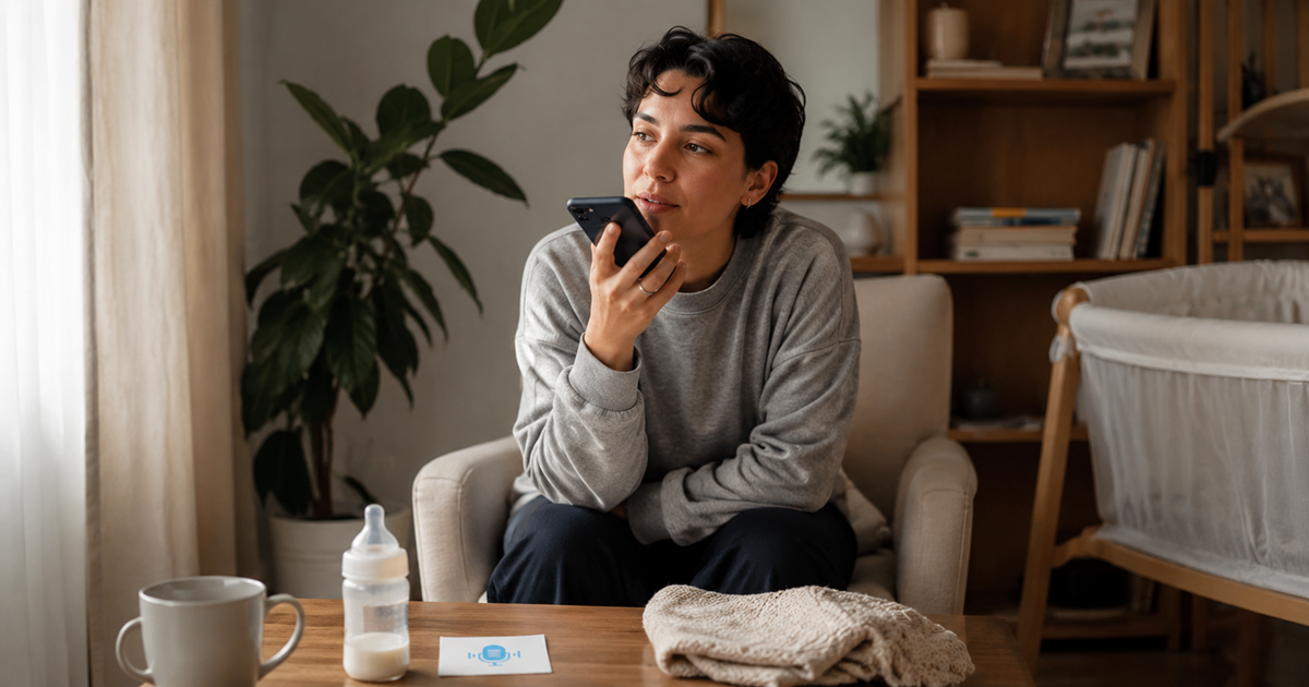 Adult parent recording a short reflection into a smartphone beside a folded baby blanket in a calm room.