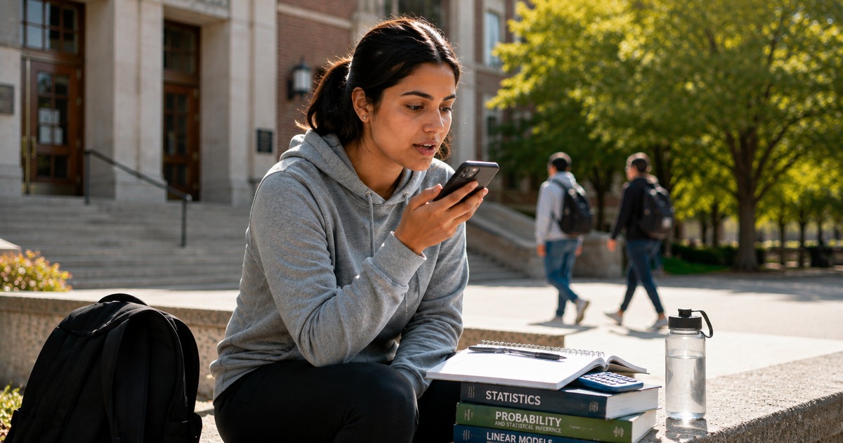 University student recording a post-exam voice reflection on a smartphone before preparing for the next paper.