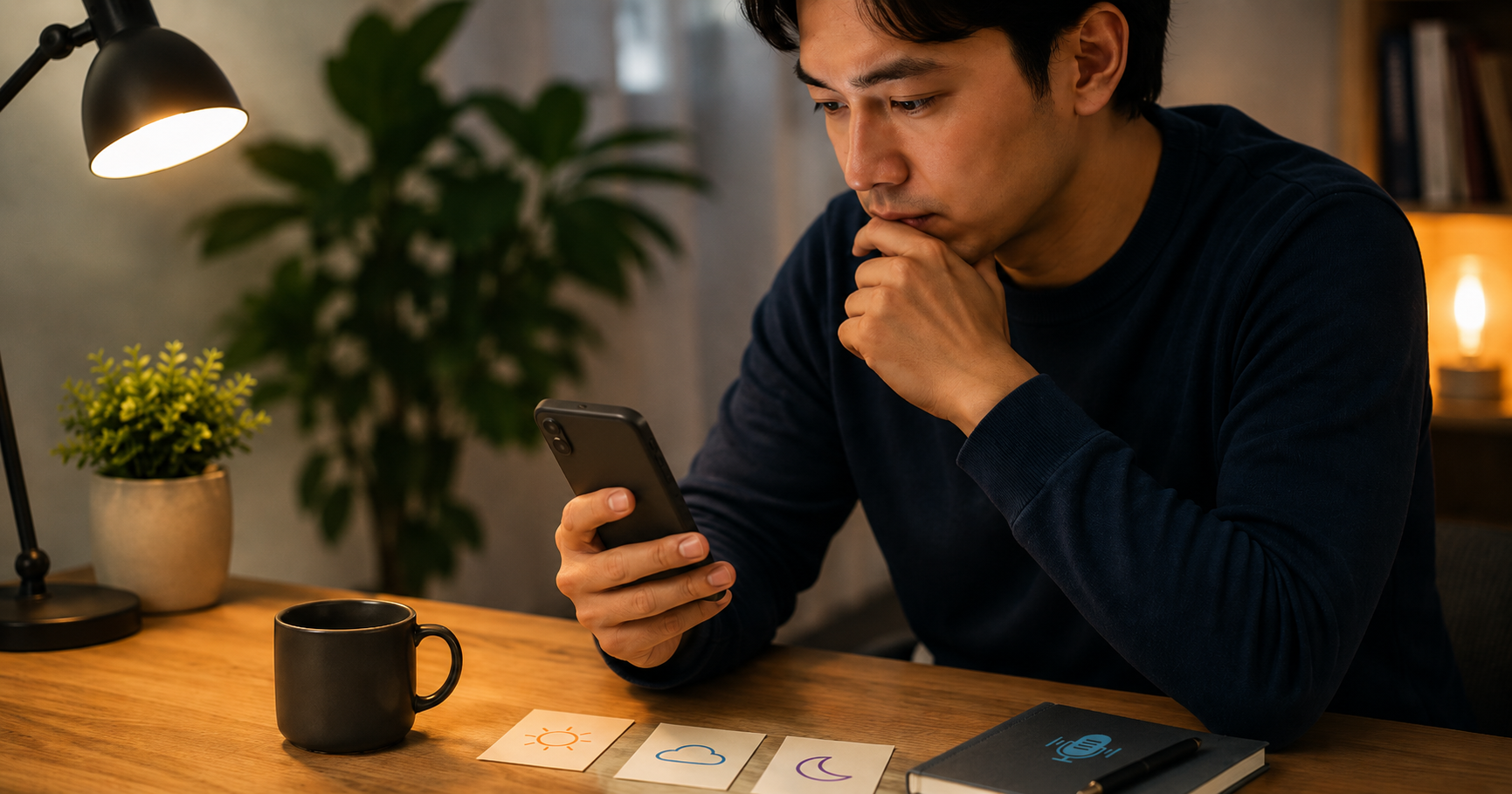 Person reviewing three same-day voice journal entries on a phone before choosing one recording to replay.