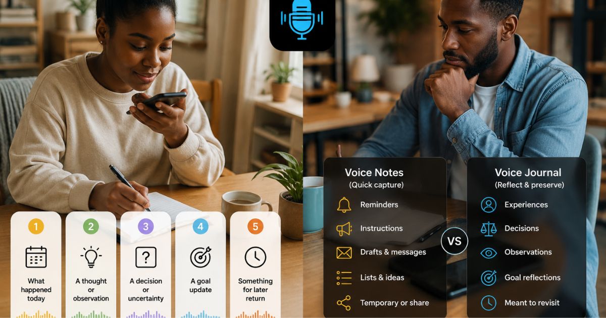 Person using quick voice notes for practical capture and a continuing voice journal for reflections intended to be revisited.