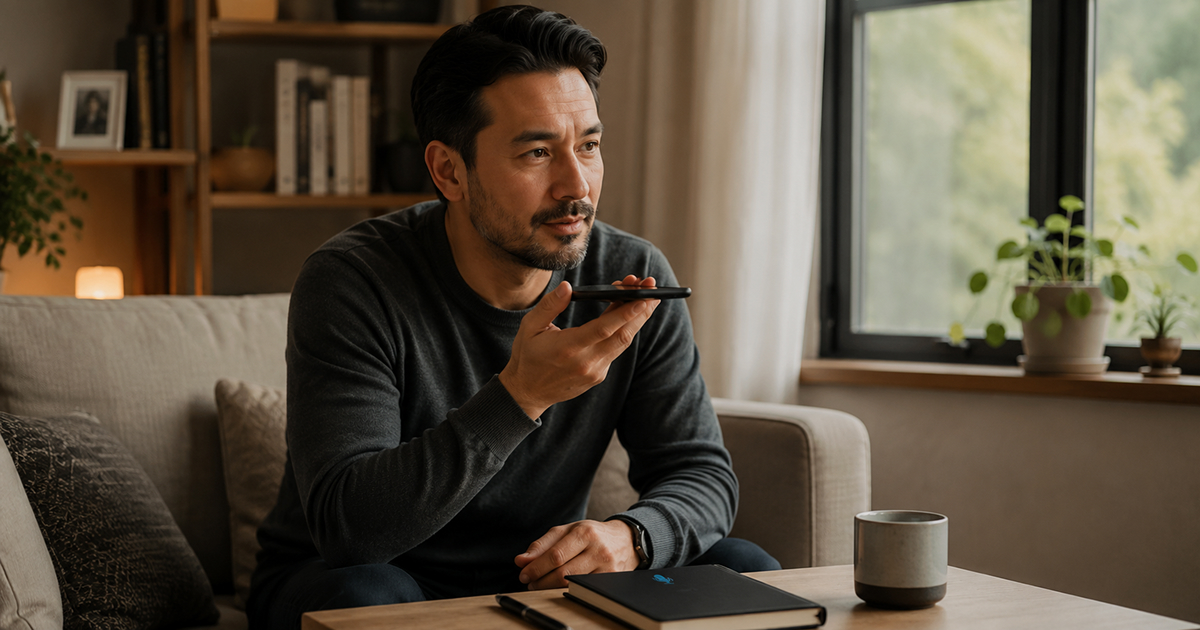A person recording a private voice journal entry at home after an important conversation, with a notebook and phone nearby.
